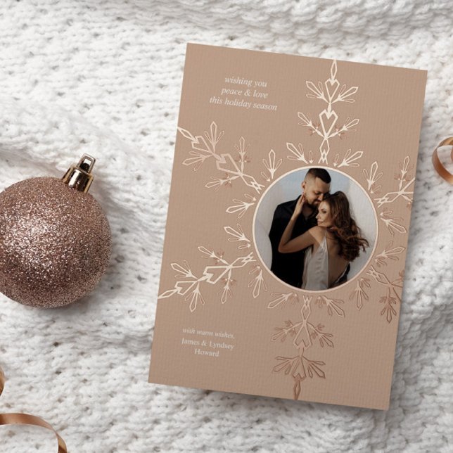 Neutral and Rose Gold Snowflake Photo  Foil Holiday Card (Creator Uploaded)