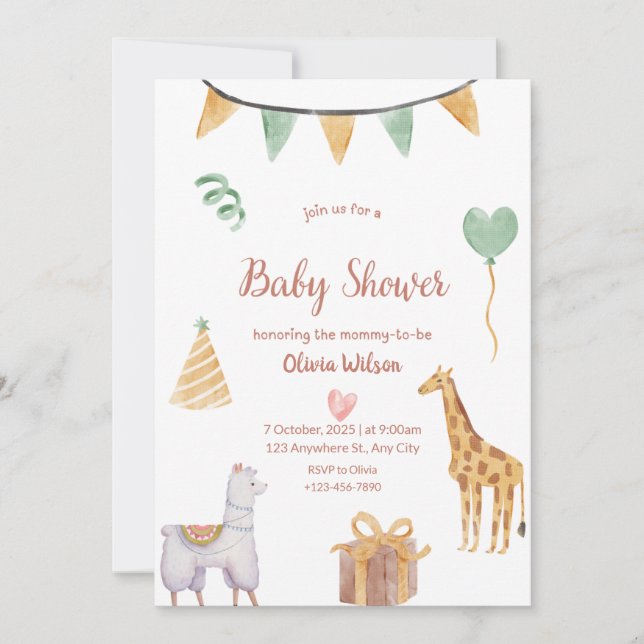 neutral animal baby invite baby shower (Front)
