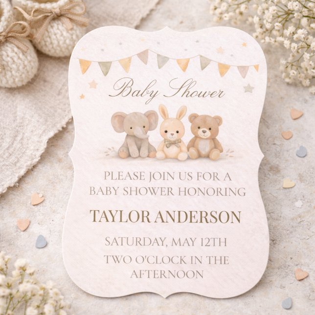 Neutral Animal Baby Shower Invitation (Neutral baby shower with soft animal trio and warm beige watercolor charm)