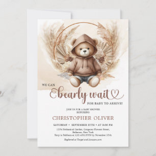 Neutral baby bear sweatshirt pampas grass arch invitation