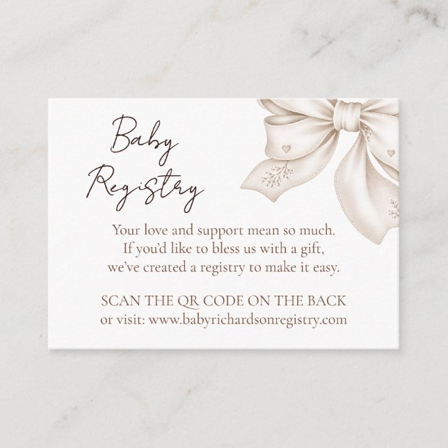 Neutral Baby Bow Registry QR Code Enclosure Card (Front)
