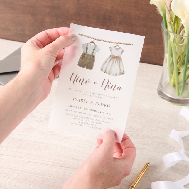 Neutral Baby Clothes Spanish Gender Reveal Vellum Invitations (Handheld)