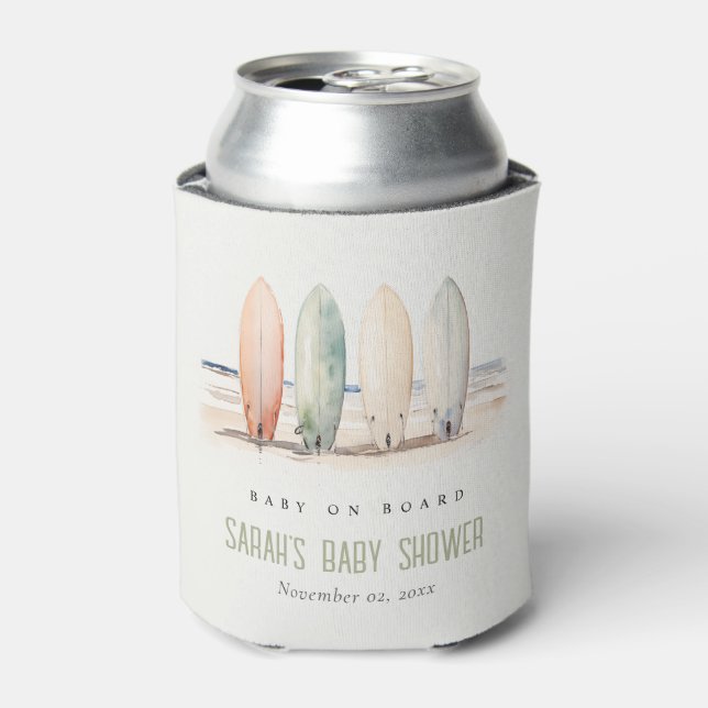 Neutral Baby On Board Surfboard Baby Shower Can Cooler (Can Front)