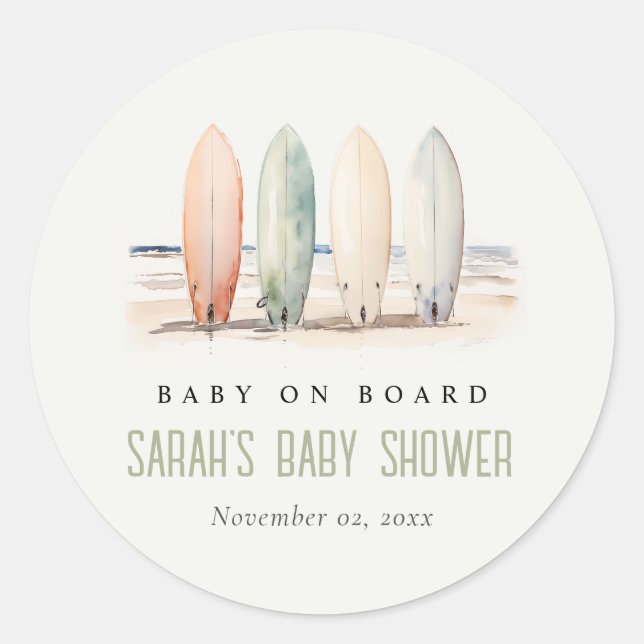Neutral Baby On Board Surfboard Baby Shower Classic Round Sticker (Front)