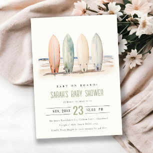 Neutral Baby On Board Surfboard Baby Shower Invitation