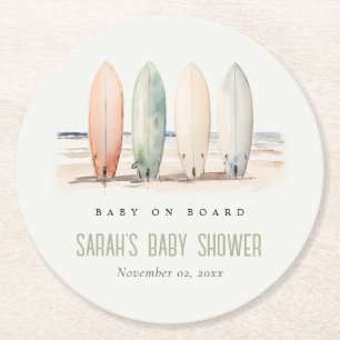 Neutral Baby On Board Surfboard Baby Shower Round Paper Coaster