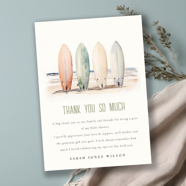 Neutral Baby On Board Surfboard Baby Shower Thank You Card (Creator Uploaded)