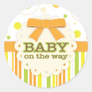 Neutral Baby Orange & Green in Stitches Baby Bow Classic Round Sticker