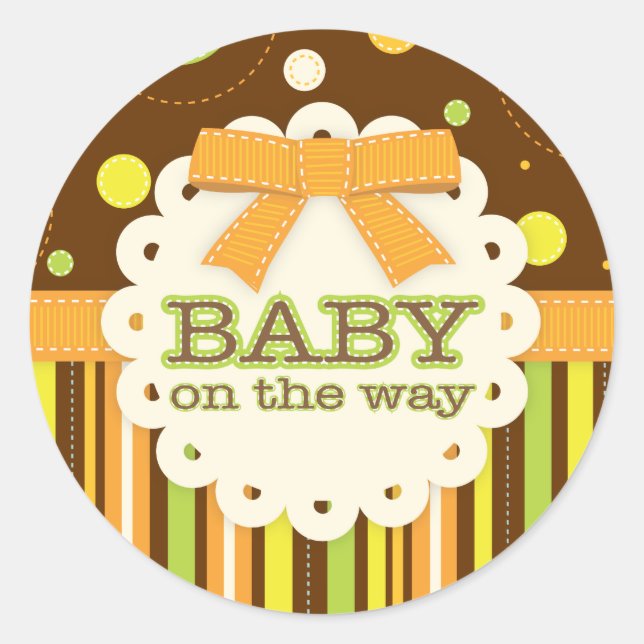 Neutral Baby Orange & Green in Stitches Baby Bow Classic Round Sticker (Front)