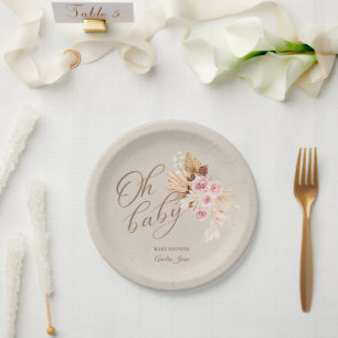 Neutral Baby Pink Pampas Grass Giraffe  Paper Plate