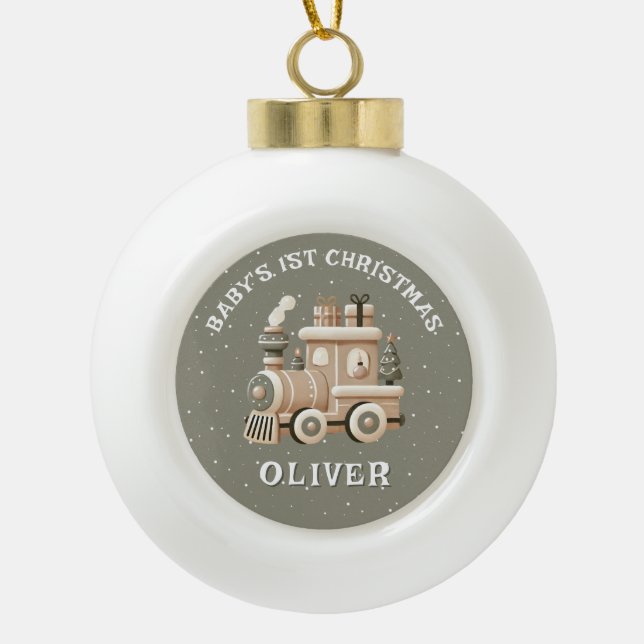 Neutral Baby’s 1st Christmas Train Keepsake Photo Ceramic Ball Christmas Ornament (Front)