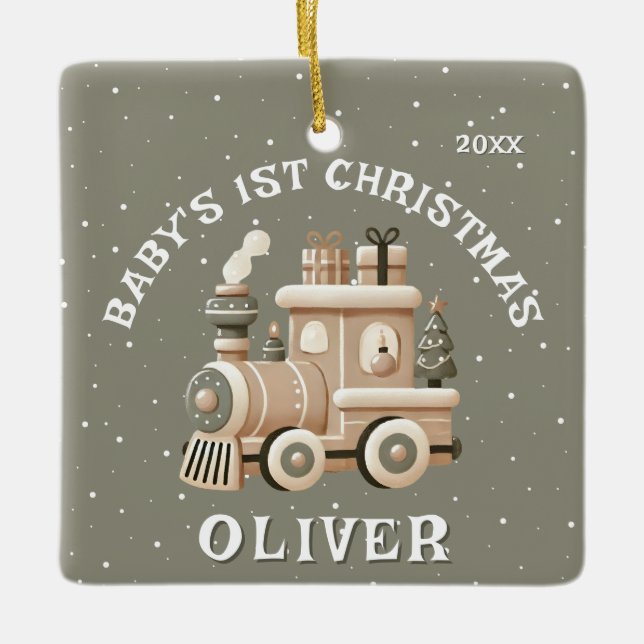 Neutral Baby’s 1st Christmas Train Keepsake Photo Ceramic Ornament (Front)