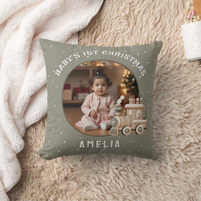 Neutral Baby’s 1st Christmas Train Keepsake Photo Cushion (Blanket)