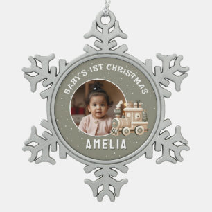 Neutral Baby’s 1st Christmas Train Keepsake Photo Snowflake Pewter Christmas Ornament