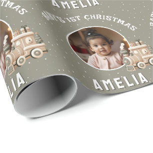 Neutral Baby’s 1st Christmas Train Keepsake Photo Wrapping Paper
