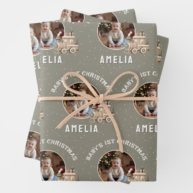 Neutral Baby’s 1st Christmas Train Keepsake Photo Wrapping Paper Sheet (In situ)