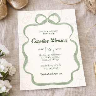 Neutral Baby Shower, Baby Shower, Sage Green Bow  Invitation