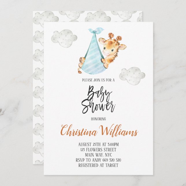 Neutral Baby Shower Giraffe Cub Minimal Cute Invitation (Front/Back)