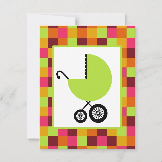 Neutral Baby Shower - Green Carriage & Colour Bloc Invitation (Front)