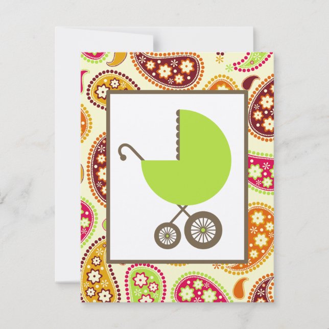 Neutral Baby Shower - Green Carriage & Paisley Invitation (Front)