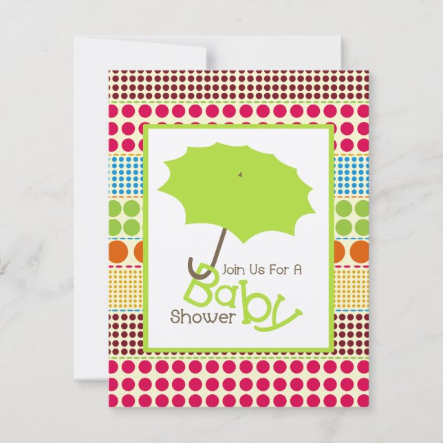 Neutral Baby Shower - Green Umbrella & Boho Dots Invitation (Front)