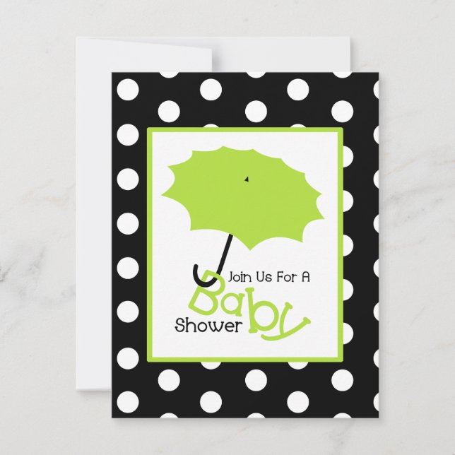 Neutral Baby Shower - Green Umbrella & Polka Dots Invitation (Front)
