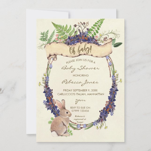 neutral baby shower invitation forest rabbit bunny (Front)