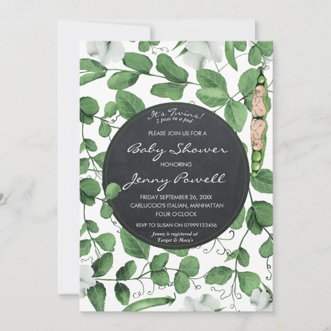 neutral baby shower invitation twins peas in a pod (Front)