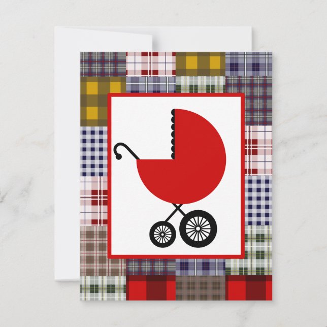 Neutral Baby Shower - Red Carriage & Plaid Invitation (Front)