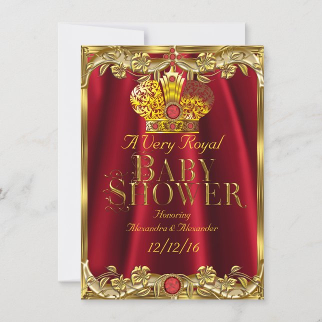 Neutral Baby Shower Royal Red Gem Gold Crown 2 Invitation (Front)