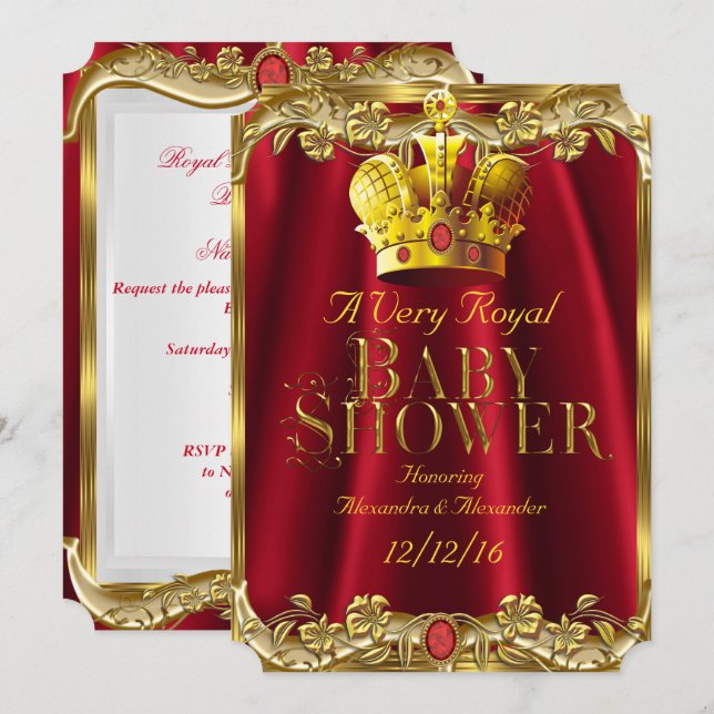 Neutral Baby Shower Royal Red Gem Gold Crown Invitation (Front/Back)