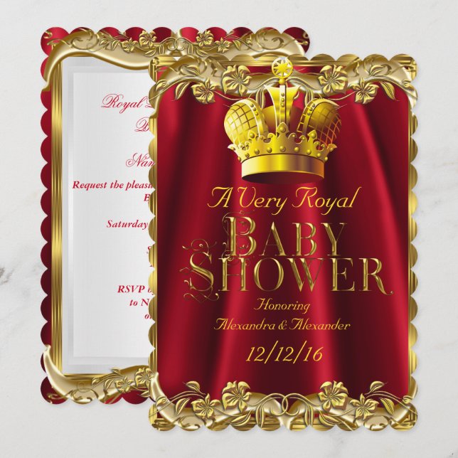 Neutral Baby Shower Royal Regal Red Gold Crown Invitation (Front/Back)