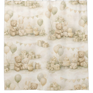 Neutral Baby Shower Teddy Bear Party Pattern Curtain
