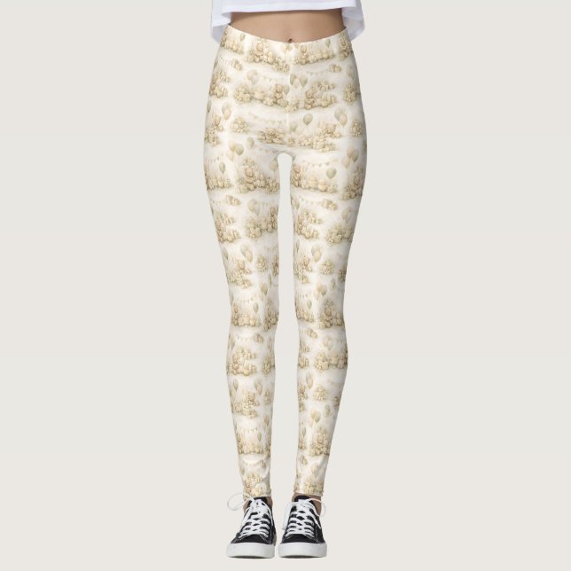 Neutral Baby Shower Teddy Bear Party Pattern Leggings (Front)