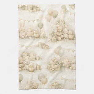 Neutral Baby Shower Teddy Bear Party Pattern Tea Towel