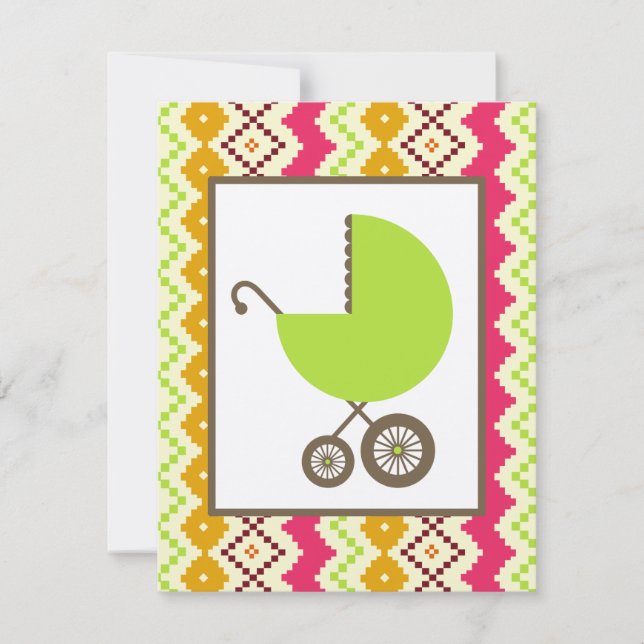 Neutral Baby Shower Tribal Inspired Green Carriage Invitation (Front)