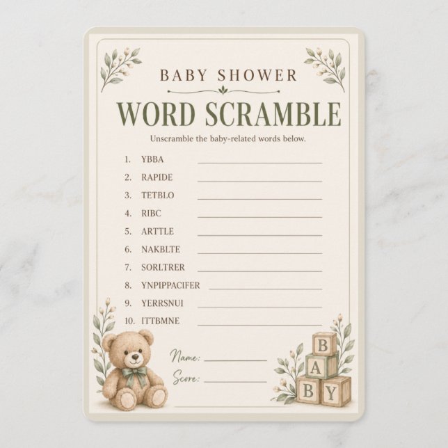 Neutral Baby Shower Word Scramble Game | Answer  Invitation (Front)
