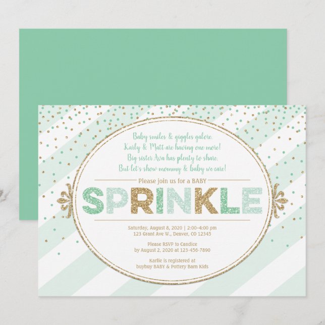 Neutral baby sprinkle invitation mint green gold (Front/Back)