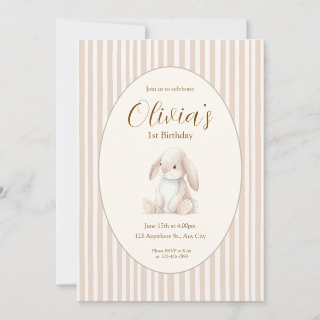 Neutral Baby's First Birthday Bunny Invitation (Front)