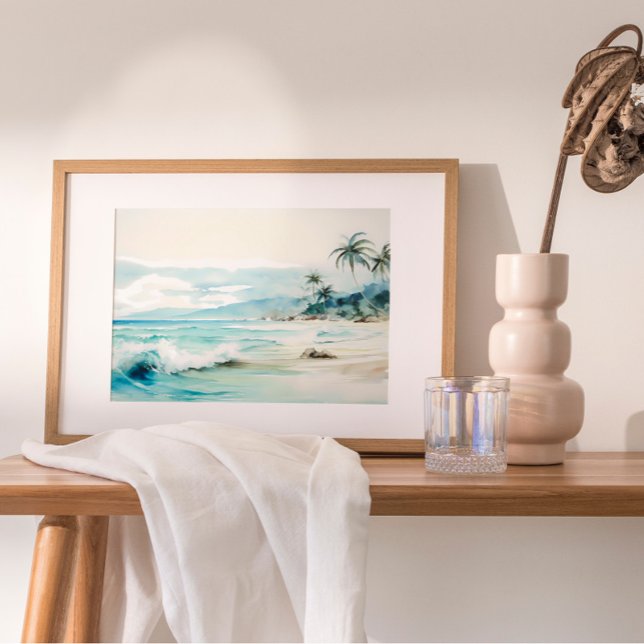 Neutral Beach Watercolor Painting Poster (Indulge in coastal paradise with a captivating watercolor painting.)