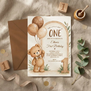 Neutral Bear Woodland Boy 1st Birthday Invitation