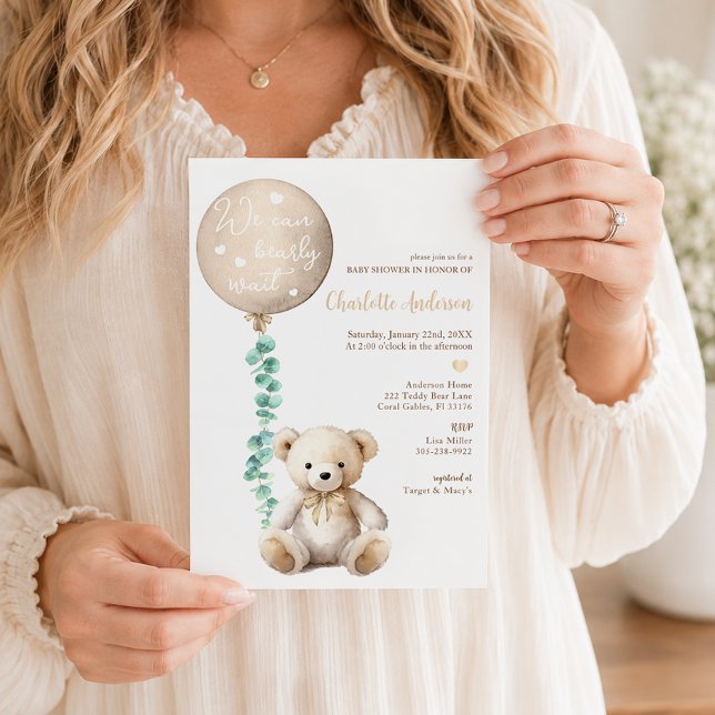 Neutral Bearly Wait Eucalyptus Baby Shower Invite (We can bearly wait baby shower invite)