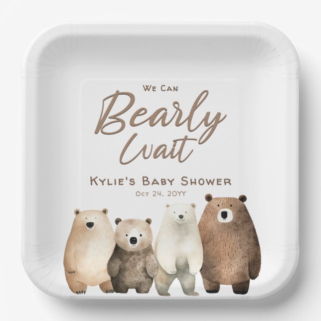 Neutral Bearly Wait Teddy Bear Baby Shower Paper Plate (Front)