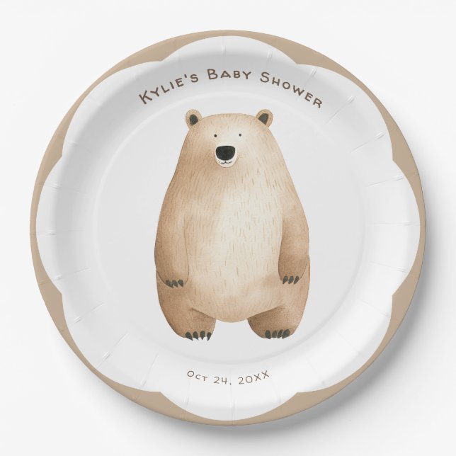 Neutral Bearly Wait Teddy Bear Baby Shower Paper Plate (Front)