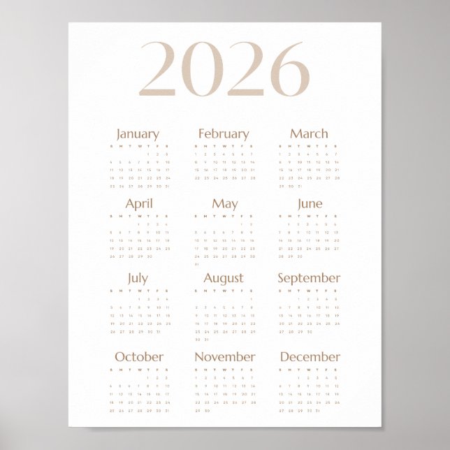 Neutral Beige 2026 Calendar Minimalist One-Page Poster (Front)