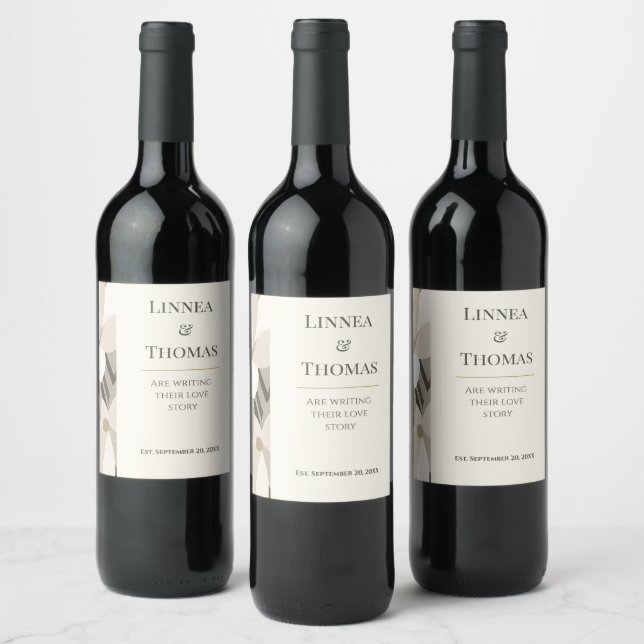 Neutral Beige Abstract Modern Editorial Wedding Wine Label (Bottles)