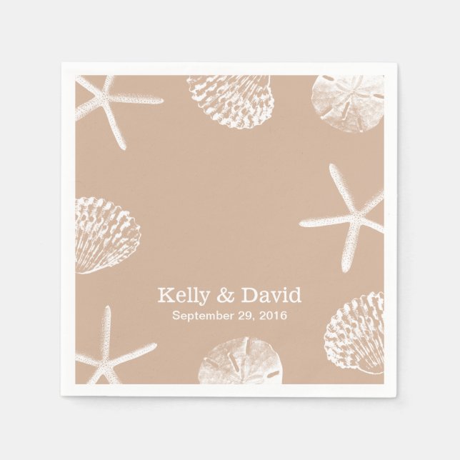 Neutral Beige Beach Theme Seashells Wedding Napkin (Front)