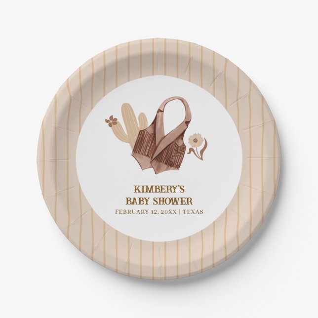 Neutral Beige Boho Cactus Cowgirl Baby Shower  Paper Plate (Front)