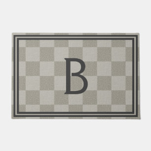 Neutral Beige Brown Grey Buffalo Plaid Monogram Doormat