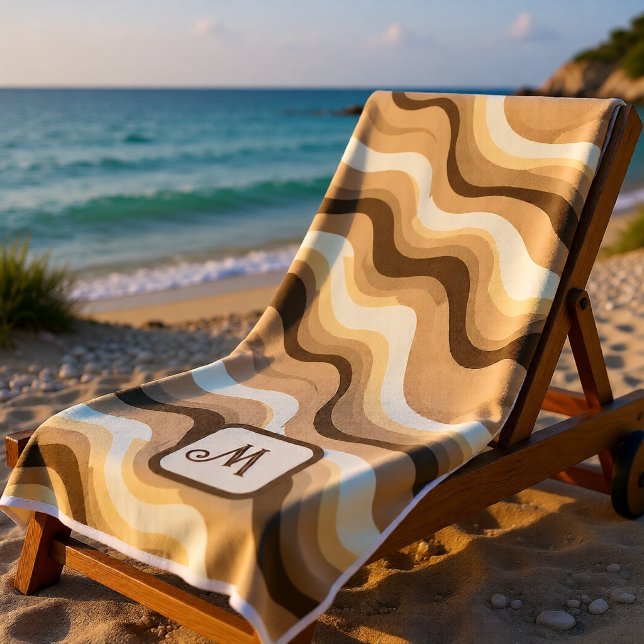 Neutral Beige Brown Retro Wave Monogram Modern  Beach Towel (Neutral Beige Brown Retro Wave Monogram Modern Beach Towel)